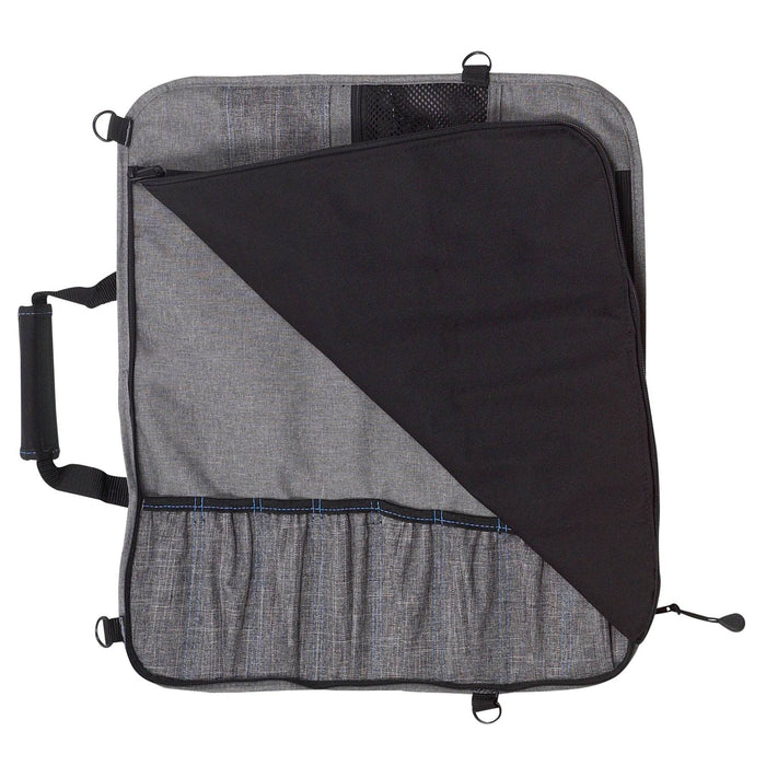 Gray and black knife roll with a flap on a white background
