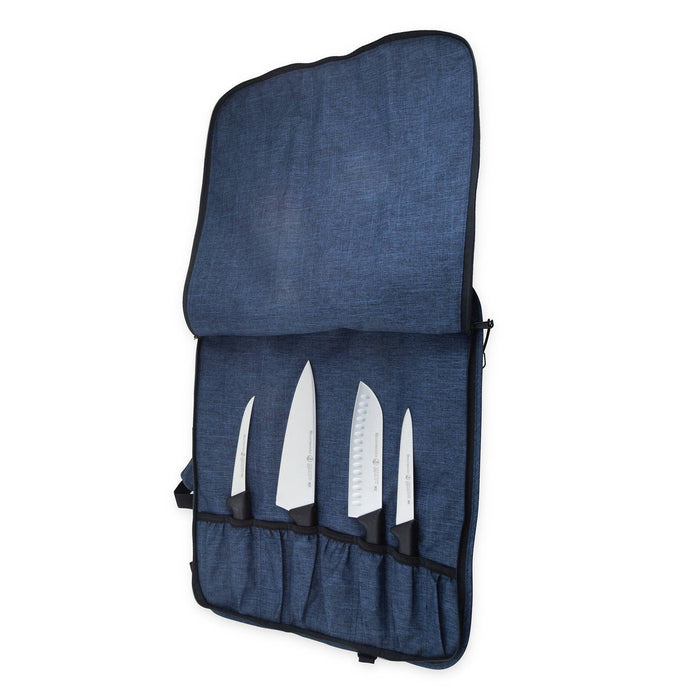 Navy Blue knife carry roll with four knives stowed , shown on a white background.
