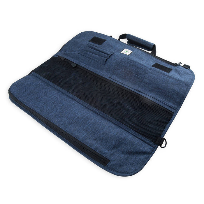Navy Blue fabric knife roll shown open on a white background.