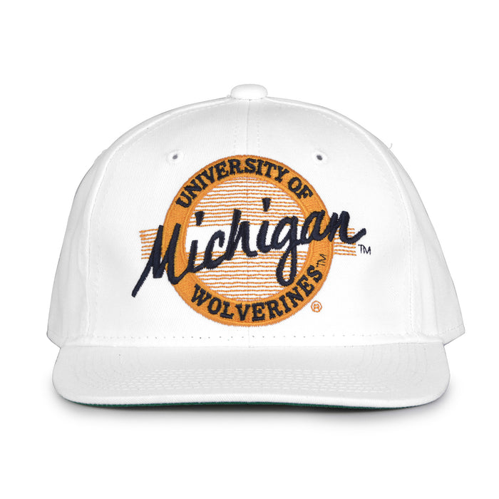 Michigan Retro Circle snapback hat in white, front view