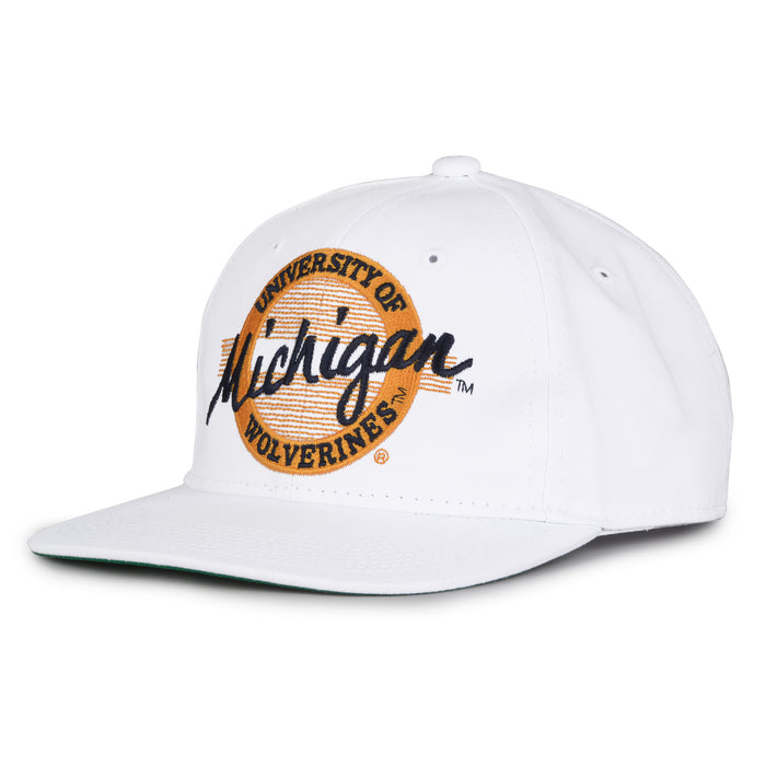 Michigan Retro Circle snapback hat in white, angled view