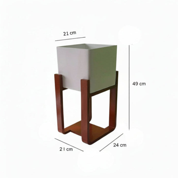 White planter on a wooden stand with dimensions labeled