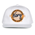 Navy Retro Circle snapback hat in white, front view