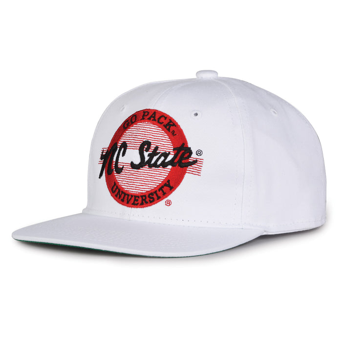 NC State Retro Circle snapback hat in white, angled view