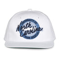 North Carolina Retro Circle snapback hat in white, front view