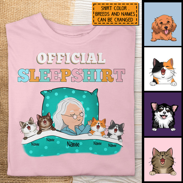 Official Sleep Shirt, Chibi Old Lady With Her Cat & Dog, Personalized Cat & Dog Lovers T-shirt