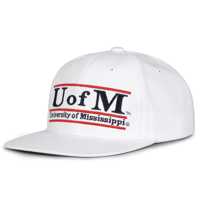 Ole Miss Retro Bar snapback hat in white, angled view