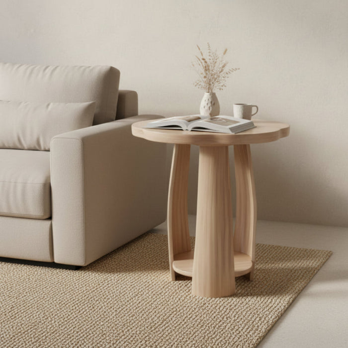 Petal Flow Curved Wood Side | End Table With Bottom Shelf
