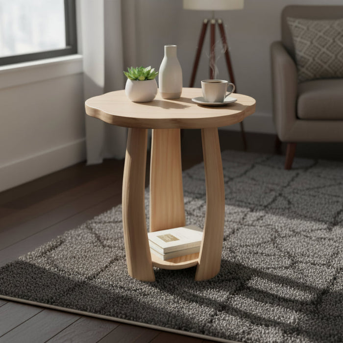 Petal Flow Curved Wood Side | End Table With Bottom Shelf