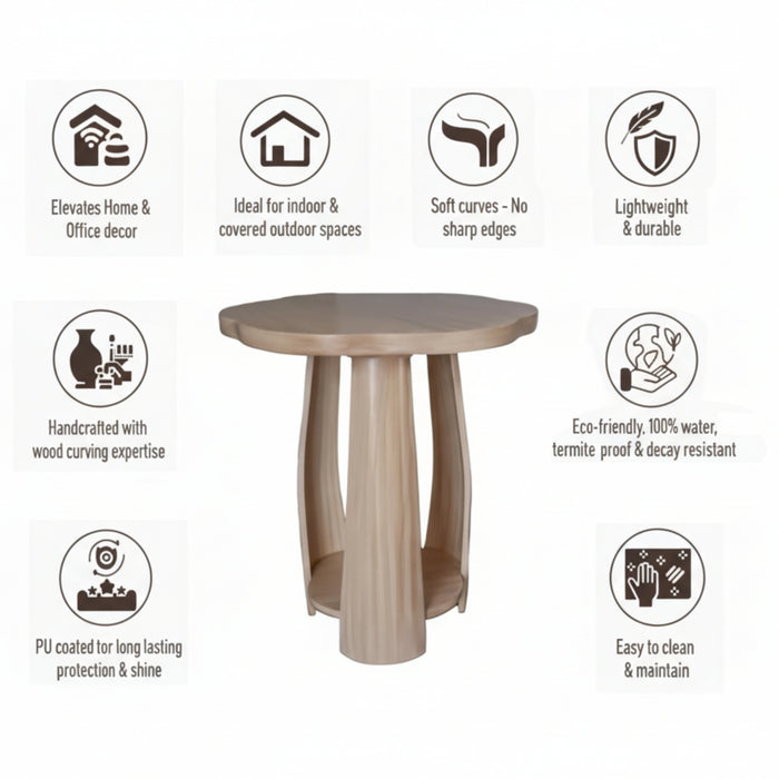 Petal Flow Curved Wood Side | End Table With Bottom Shelf
