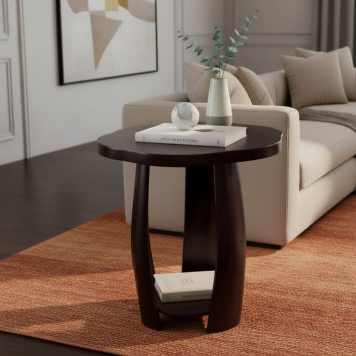 Petal Flow Curved Wood Side | End Table With Bottom Shelf