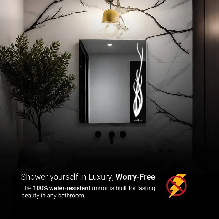 Modern bathroom LED mirror with a potted plant on a shelf. The mirror has a very bright white LED light. The text overlay describes that the mirror is shock proof and waterproof.