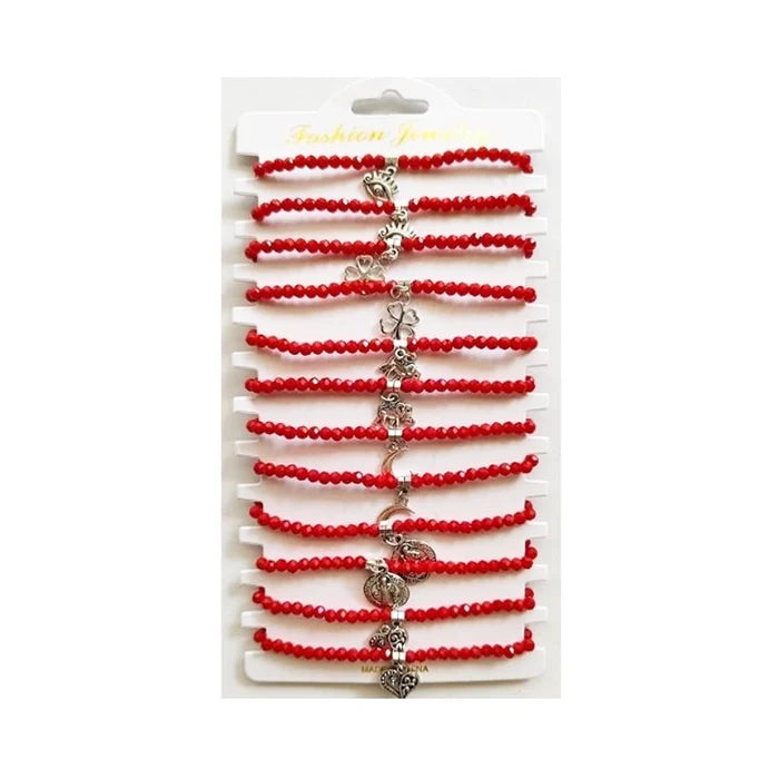 Red String Faceted Bead & Assorted Charm Bracelet Set