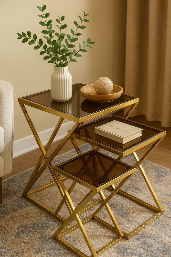 Set of 3 Gold Nesting Side Tables with Black Glass Tops | Luxury Stainless-Steel Design