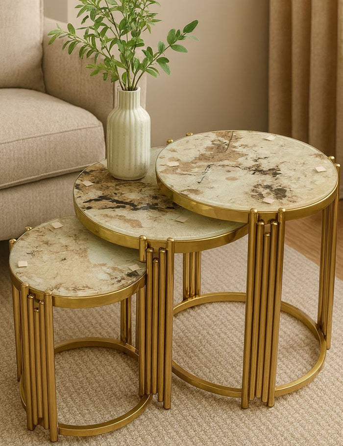 Set of 3 Marble-Look Nesting Tables with Glass Tops | Luxury Gold Stainless-Steel Design