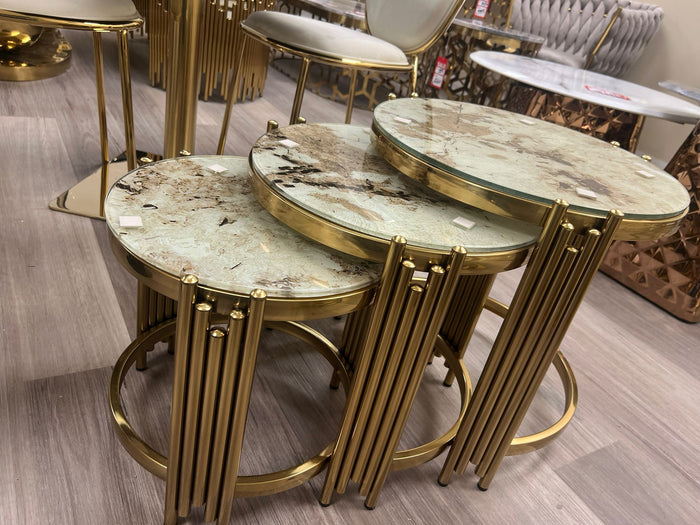 Set of 3 Marble-Look Nesting Tables with Glass Tops | Luxury Gold Stainless-Steel Design