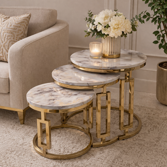 Set of 3 Marble Nesting Tables | Luxury Gold Stainless-Steel Design with White Marble Top End Tables