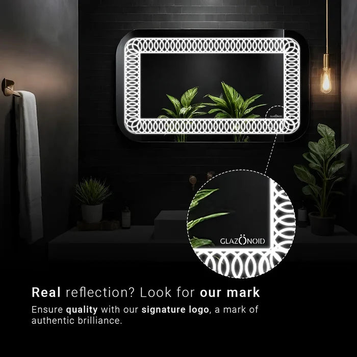 Rectangular bathroom LED mirror with a green plant on a built-in shelf, adding a touch of nature to your bathroom.  Text in the image says "Glazonoid: Real reflection? Look for our mark. Ensure quality with our signature logo, a mark of authentic brilliance."