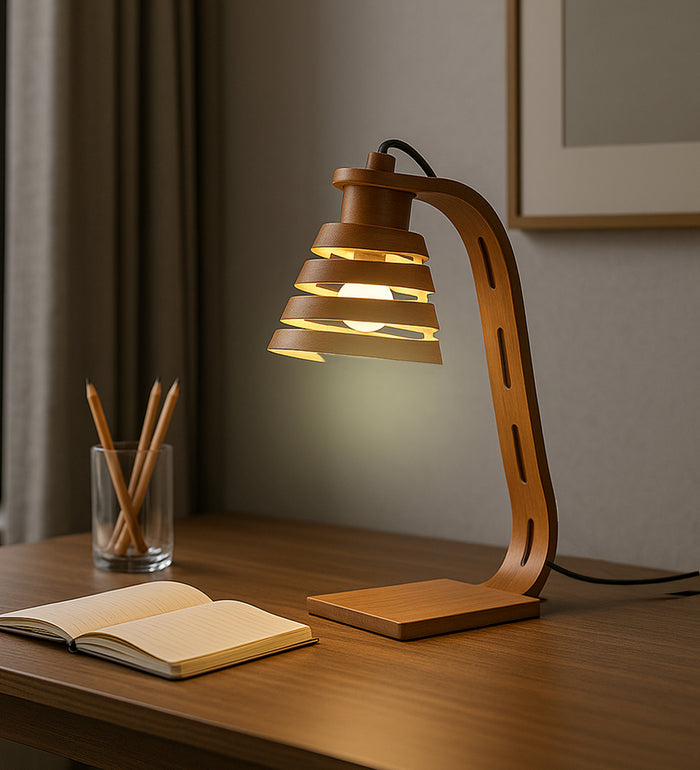 Spiral Aura Desk Study Lamp - Natural Wood Finish