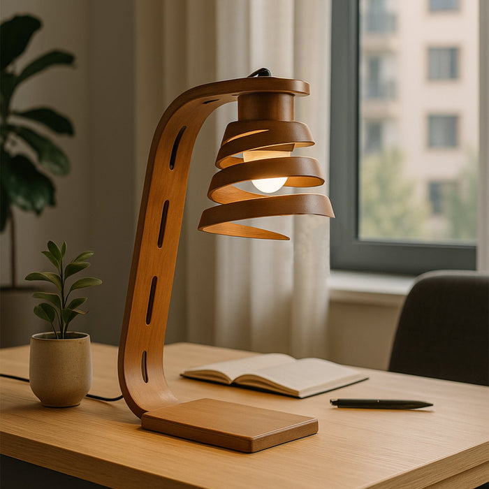 Spiral Aura Desk Study Lamp - Natural Wood Finish