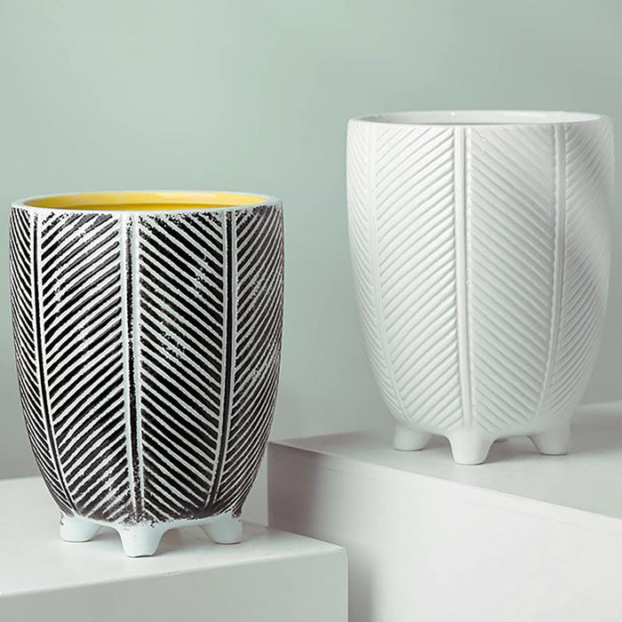 Tall Ceramic Planter Plant Pot With Feet Black Stripe 15 x 15 x 19cm