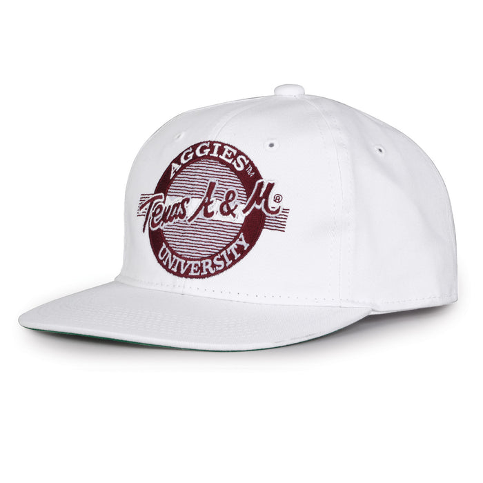 Texas A&M Retro Circle snapback hat in white, angled view