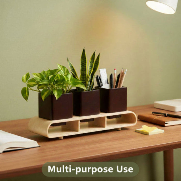 Trio Square Dark Brown Planter Set And Desk Organizer With Curved Stand