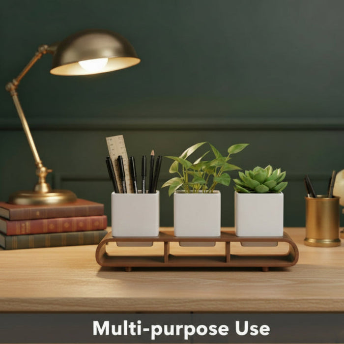 Trio Square White Planter Set And Desk Organizer With Curved Stand