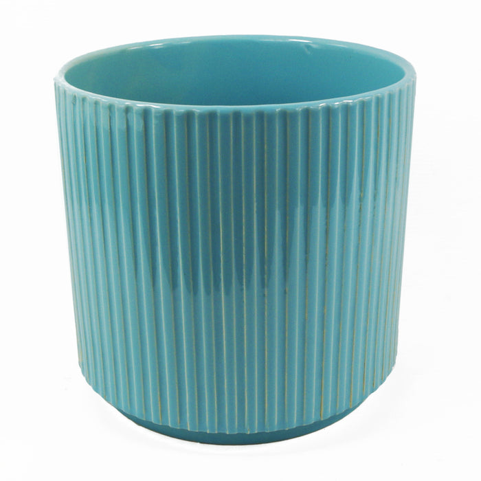 Turquoise Blue Ribbed Ceramic Plant Pot 16 x 16 x 15cm