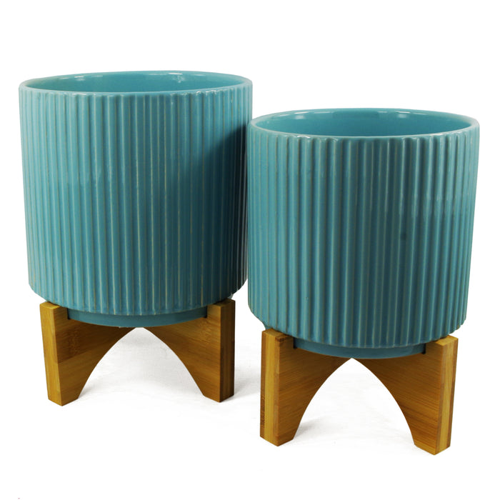 Turquoise Blue Ribbed Ceramic Plant Pot 16 x 16 x 15cm