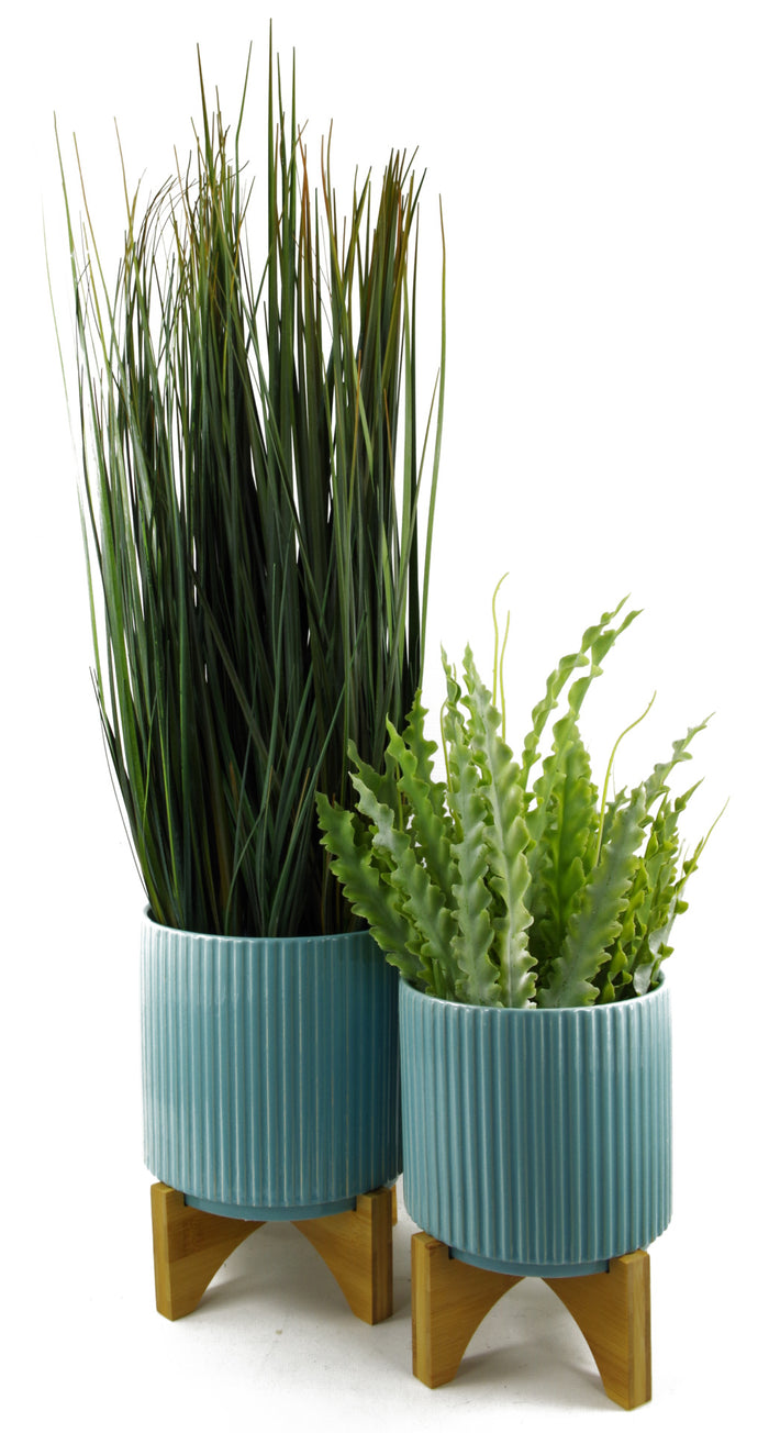 Turquoise Blue Ribbed Ceramic Plant Pot with Bamboo Stand 16.5 x 16.5 x 21cm