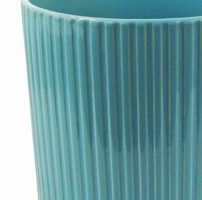 Turquoise Blue Ribbed Ceramic Planter Plant Pot with Bamboo Stand 14.5 x 14.5 x 19cm