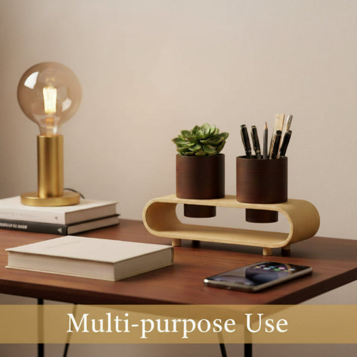 Twin Duo Dark Brown Planter Set And Desk Organizer With Curved Stand