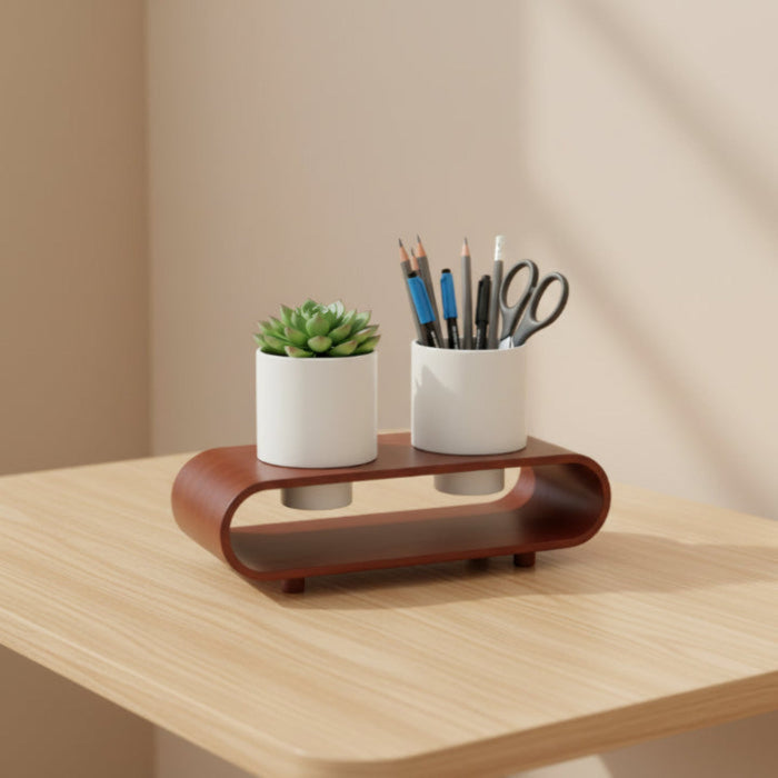 Twin Duo White Planter Set And Desk Organizer With Curved Stand