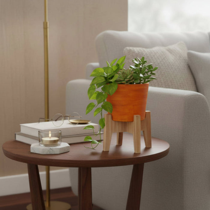Vera Classy Round Tabletop Planter Pot With Stand - Vivid Orange & Sea Green