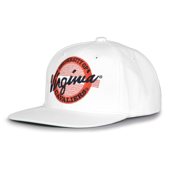 Virginia Retro Circle snapback hat in white, angled view