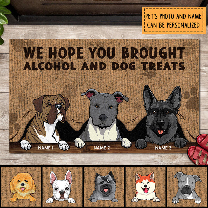 We Hope You Brought Alcohol And Dog Treats, Custom Quotes, Peeking Dog With Curtain, Personalized Dog Doormat