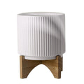 White Ribbed Ceramic Plant Pot with Bamboo Stand 16.5 x 16.5 x 21cm