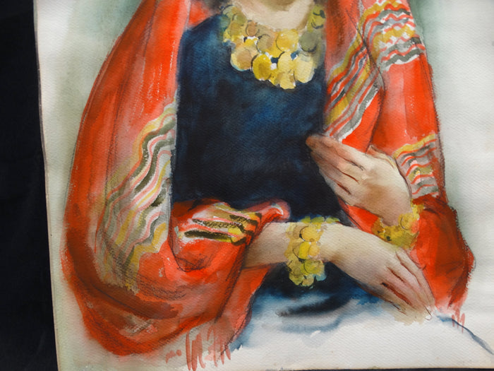 Woman In Mexican Shawl Anonymous Watercolor 1940s